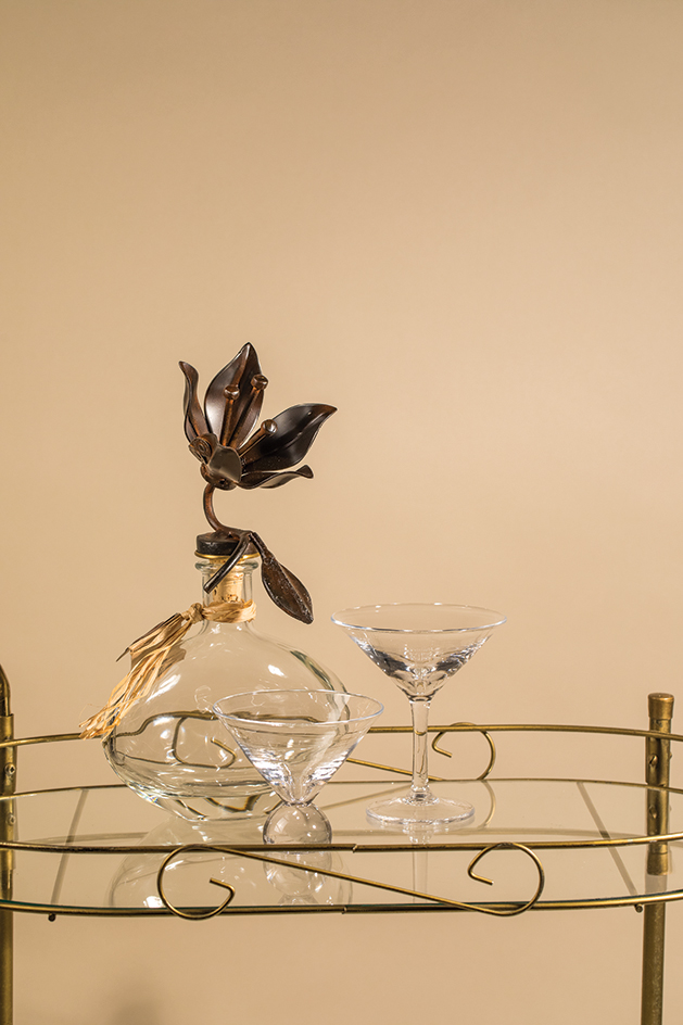 Pictured from Ampersand Shops Jan Barboglio Passion Flower Decanter; Simon and Pearce Benson Martini Glass and Ascutney Martini Glass