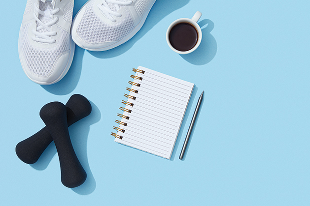 Sport, Exercising, Equipment, note pad, flat lay, backgrounds, new year resolution,