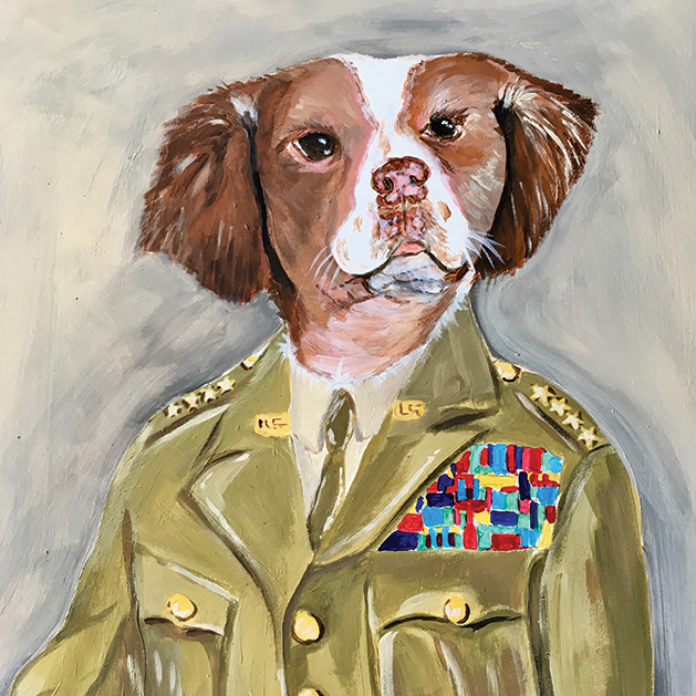 Painting of a dog in a military uniform.