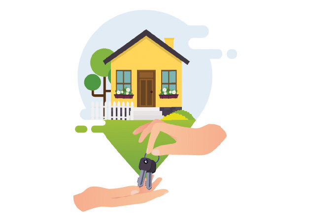 An illustration of a seller passing house keys to a buyer.