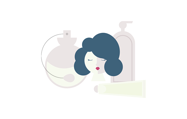 An illustration of a woman and various skincare products.