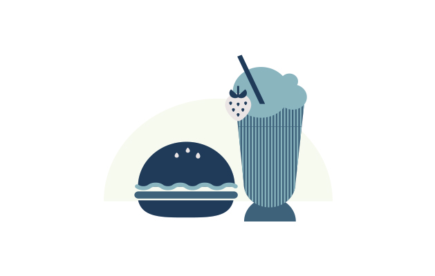 An illustration of a burger and malt from Snuffy's Malt Shop.