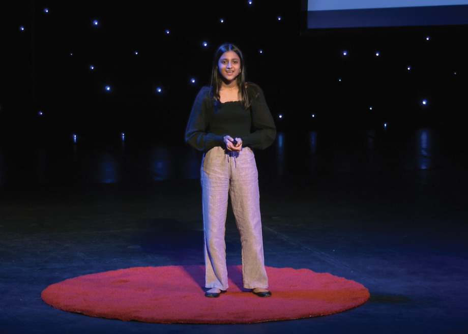 Indra Khariwala on stage at TEDxYouth@Edina.