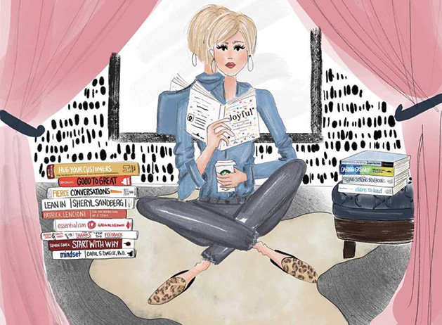 A painting of Evereve owner Megan Tamte reading books on business by Minneapolis artist Erin O'Leary.