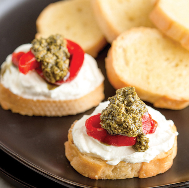 Roasted Red Pepper and Whipped Goat Cheese Crostini with Super Kale Pesto Sauce