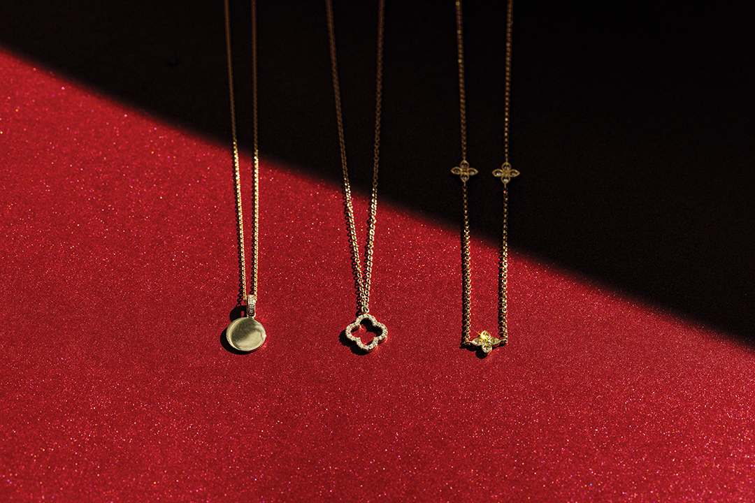 (Center) Diamond Clover Pendant; (Right) Roberto Coin Diamonds by the Inch Yellow Gold Necklace