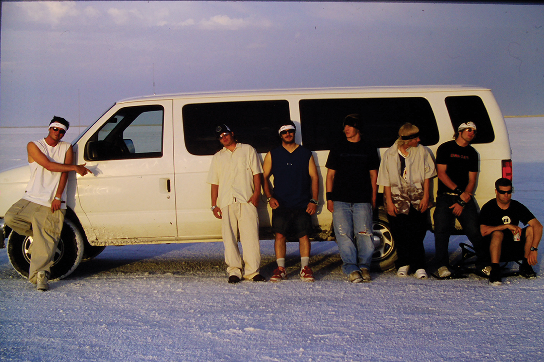 Eric Iberg with the original Armada Skis team during the summer of 2003 on the Bonneville Salt Flats in Utah.