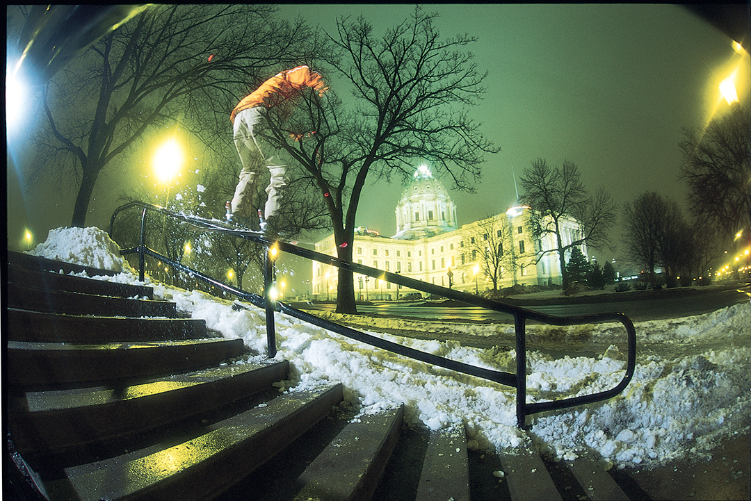 Skier Phil Larose from Quebec hits the rails in front of the Minnesota state capitol while filming Eric Iberg’s movie Royalty in 2000.