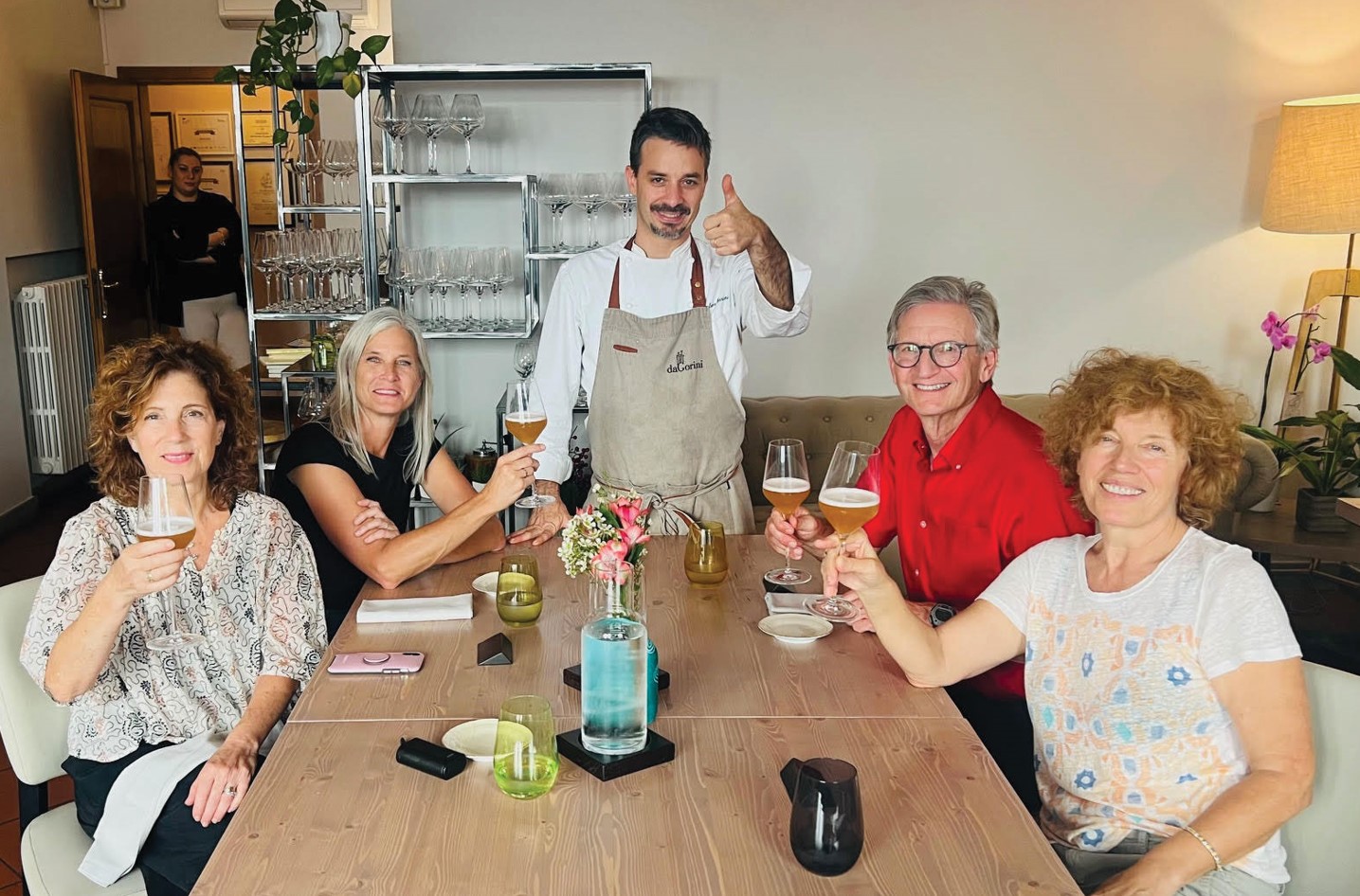 Chef Gianluca Gorini welcomes Anna Bonavita (right) and Pamela Diamond (left), along with Karen Draayer and Art Berman, to his Michelin starred restaurant daGorini in San Piero in Bagno in Romagna.