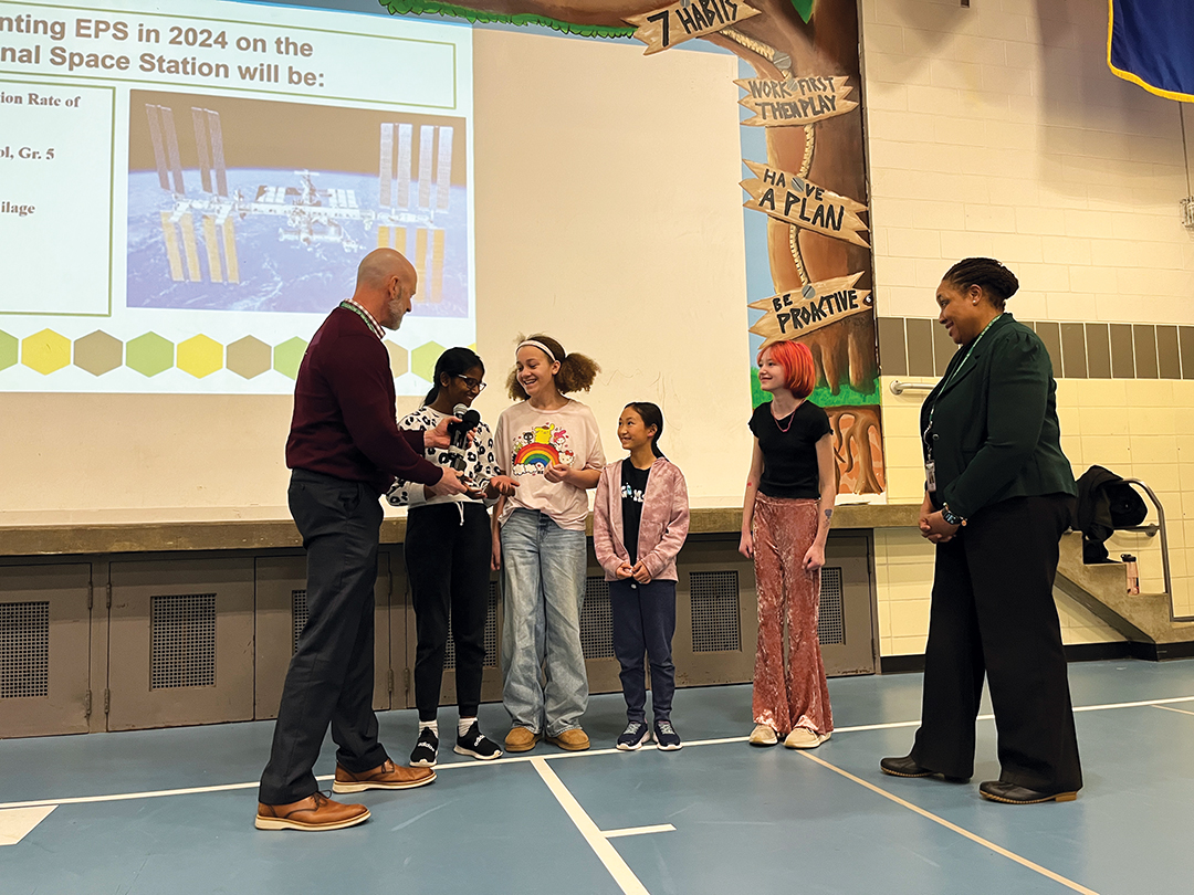 A surprise assembly was held to announce the SSEP winners at Creek Valley Elementary School in late 2023. From left to right: former assistant superintendent Randy Smasal, Nithini Weerakkodi Arachchilage, Fallon Smith, Kaydence Chen, Marit Western and superintendent Stacie Stanley.