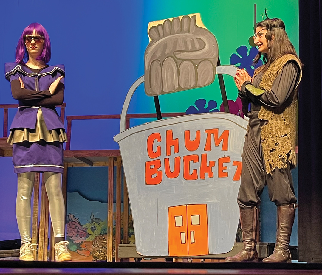 Gabby Mackey as Karen and Ava Mehta as Plankton in The SpongeBob Musical: Youth Edition.