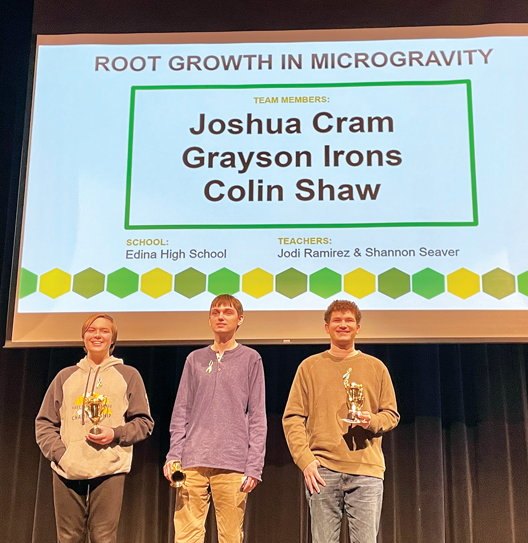 Joshua Cram, Grayson Irons and Colin Shaw’s experiment looked at how roots grow in space. While astronauts conducted the experiment on the International Space Station, Irons simultaneaously ran the same experiment on Earth. They compared their results to see the difference between how roots grow on Earth and in space. This will help future astronauts and space colonists.