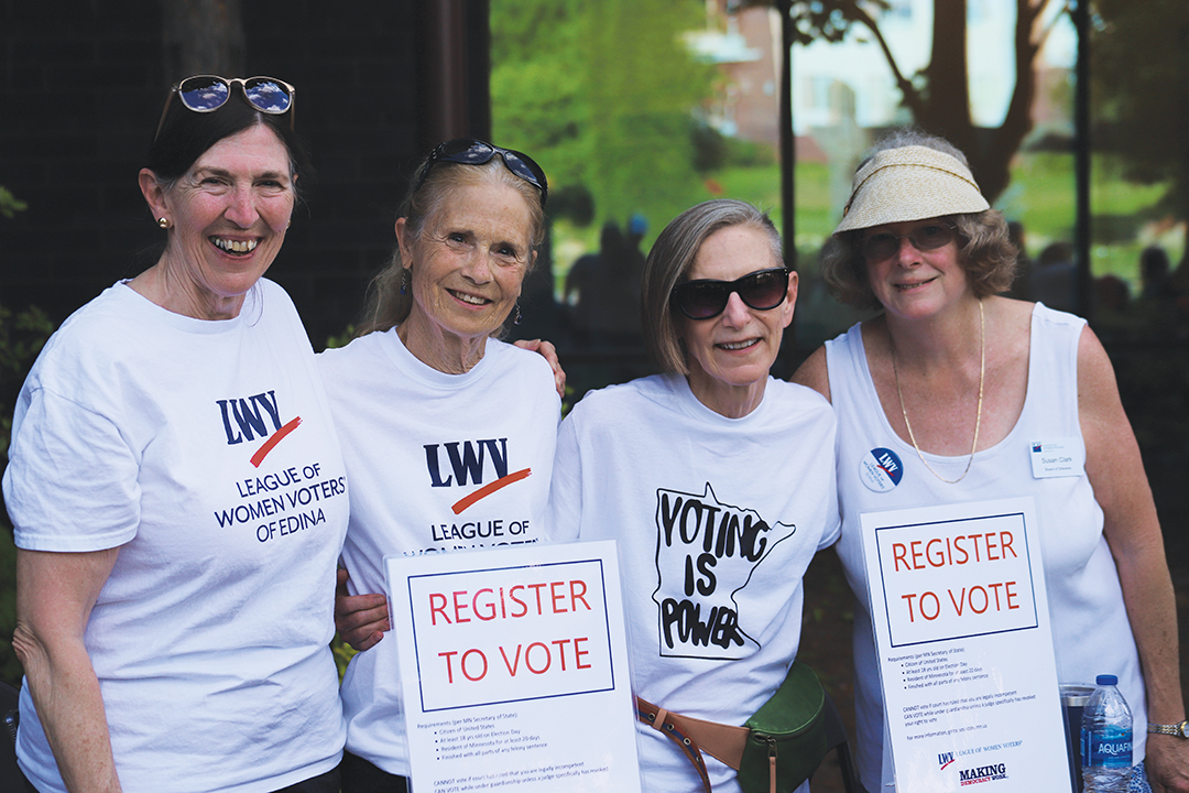 Left to Right: Colleen Feige, president of League of Women Voters of Edina; Mary Stanton, volunteer; Nancy Reed, secretary; and Susan Clark, vice president and voter service chair.