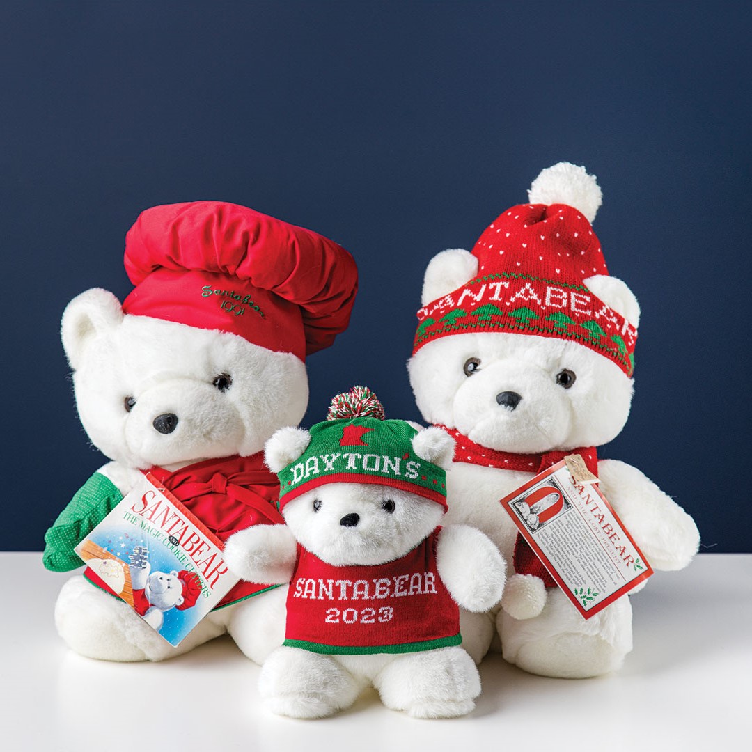 Santa Bears through the years. From left to right: 1991, 2023 and 1985.