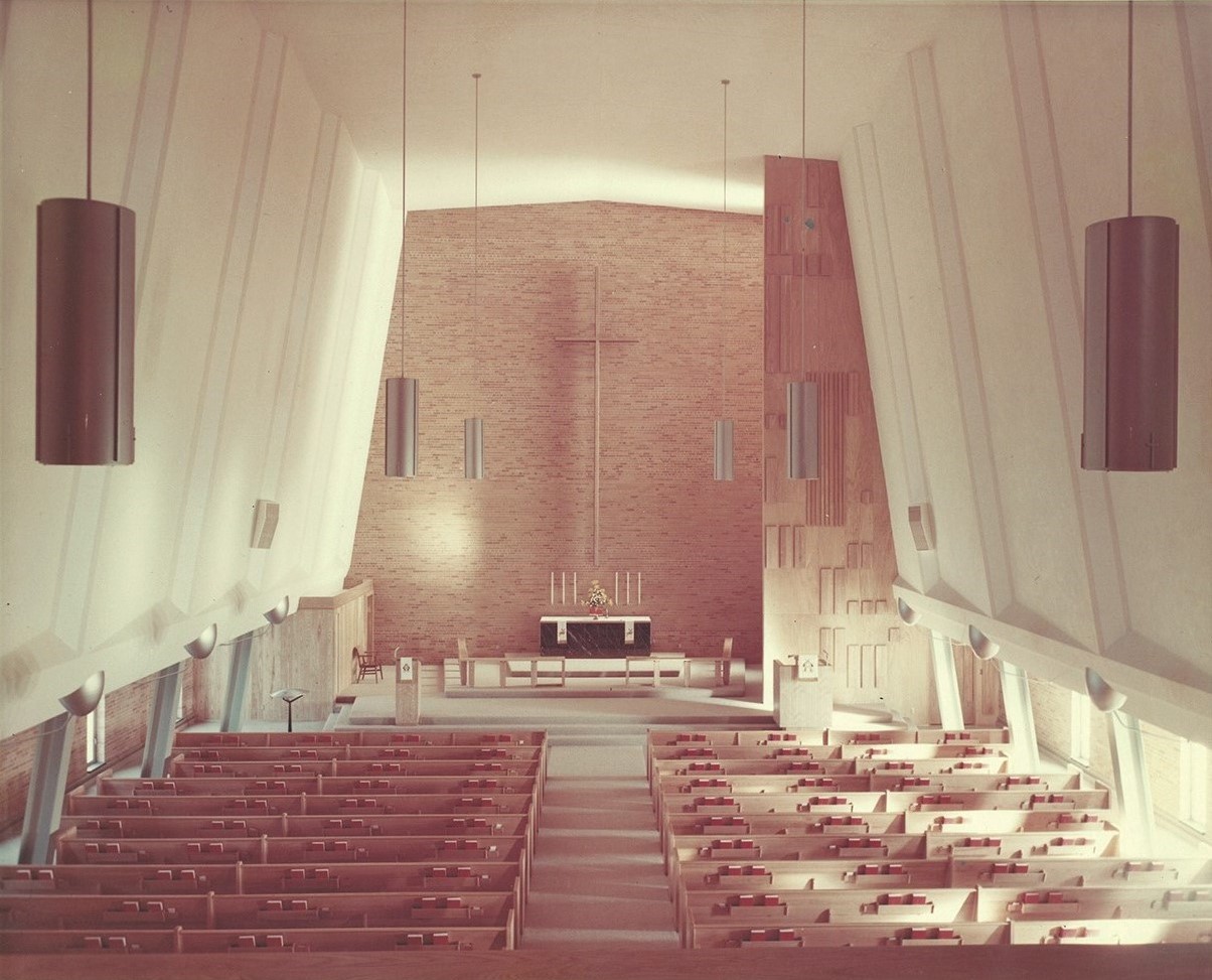 The sanctuary in 1960 shortly after it was completed and dedicated. The interior is reminiscent of a ship’s hull with its sweeping, open design creating a spacious, two-story effect. The unique architecture not only evokes a maritime feel, but also enhances acoustics, making it an ideal venue for music enthusiasts.