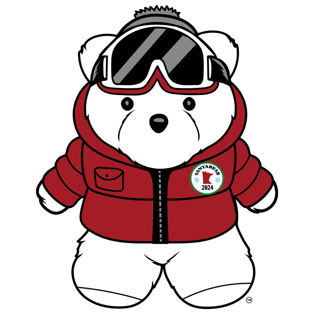 The 2024 Santa Bear is dressed in an adorable ski outfit.