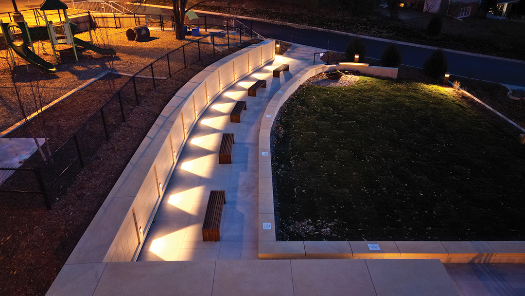 The evening lights illuminate Trinity Commons.