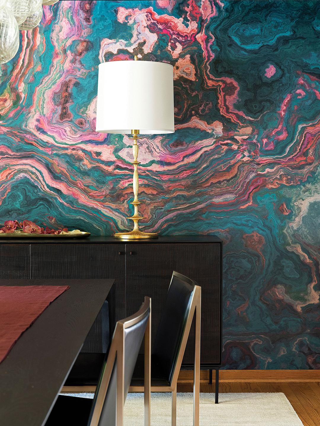 Stockwell Homes living room with abstract mural.