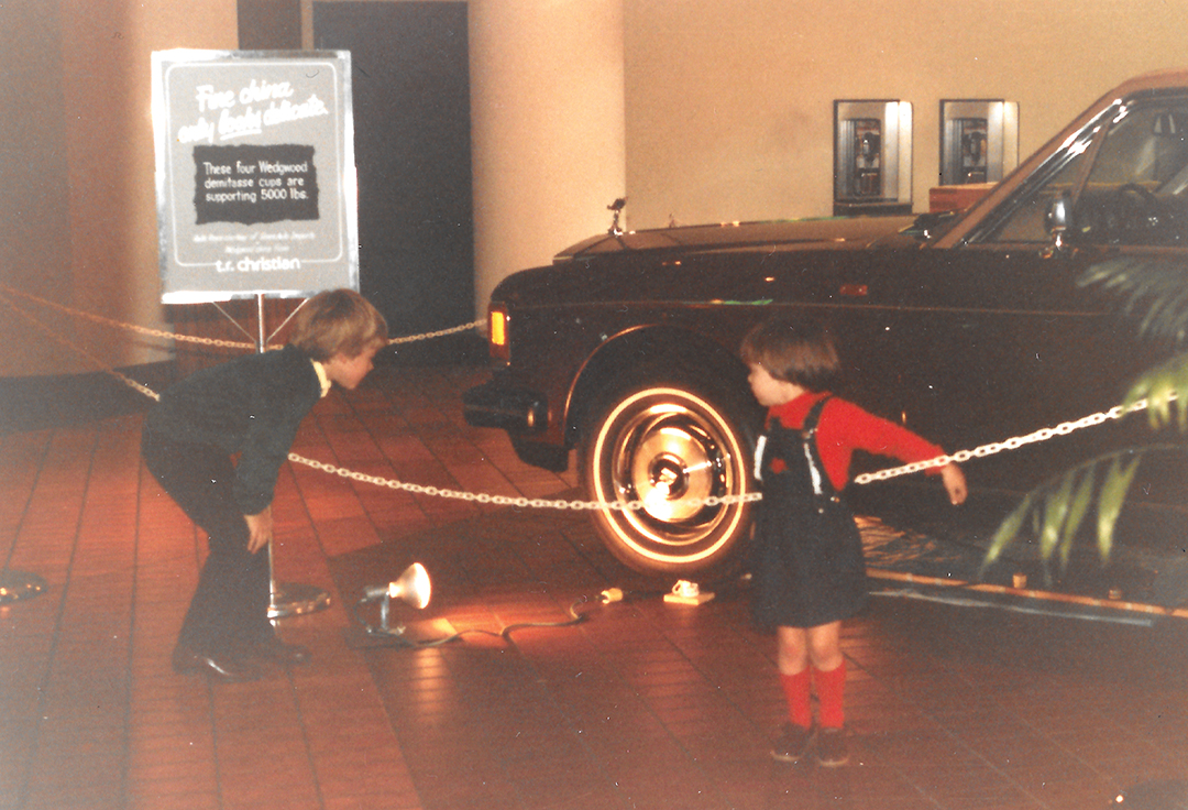 In 1982, Alissa Collins’ parents created a whimsical display for their tableware store, T.R. Christian: a Rolls-Royce balanced atop four Wedgwood teacups.