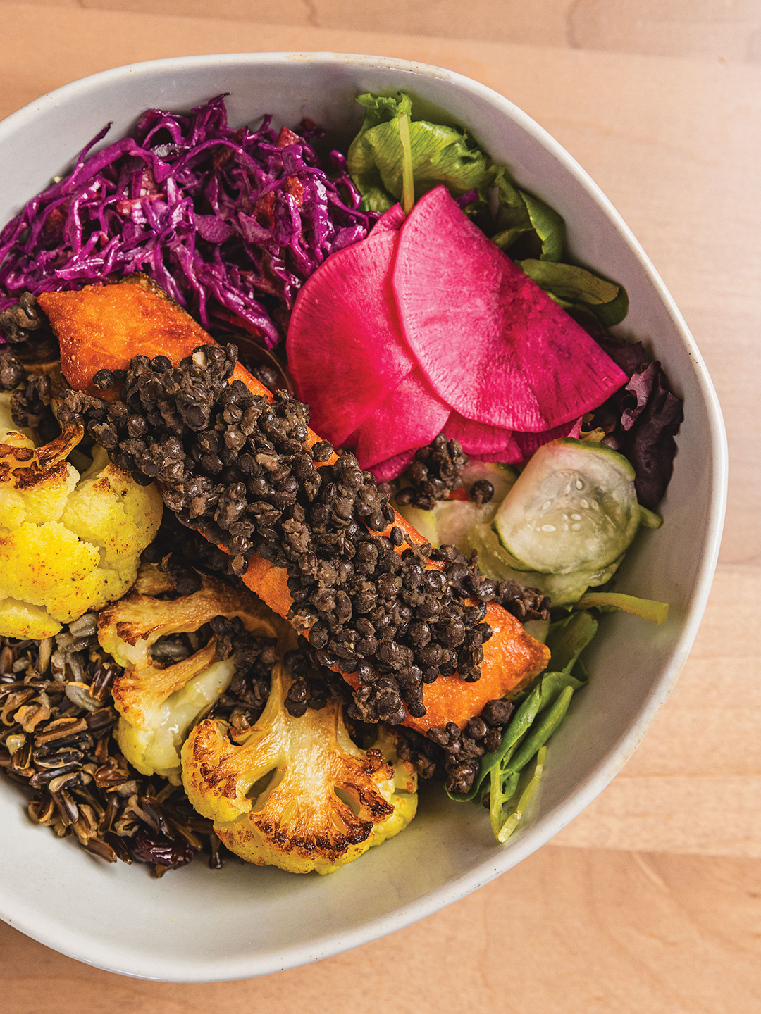 Linda’s Bowl is Brim’s most popular dish. It’s also quite colorful. This edible rainbow features beets, black lentils, local greens, Norwegian salmon, Red Lake Nation wild rice, rosemary sweet potatoes, seared turmeric cauliflower, spiced zucchini broccoli and a cashew dill sauce.