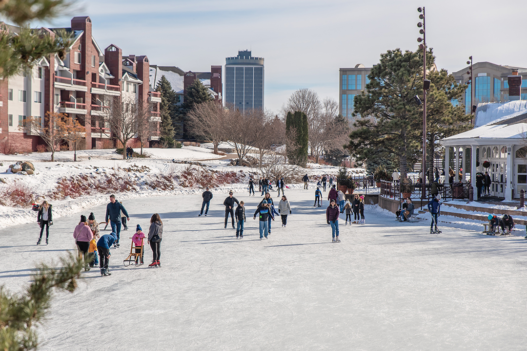 Centennial Lakes Park transforms its majestic, manmade body of water into an outdoor, 10-acre ice skating rink.