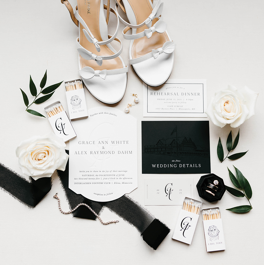 Stationery goes beyond standard invitations. Jill Elain Designs also created matchbooks, napkins, place cards and RSVP cards. “We had matchbooks with our puppy on them, Miley. And napkins with her face on them. We wanted to make sure she was included,” Grace Dahm says.