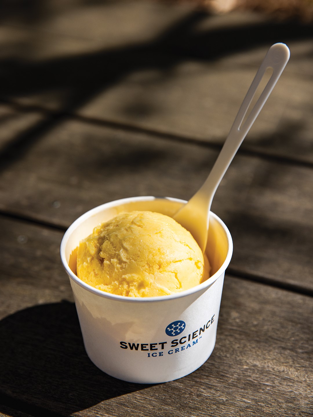 Sweet Science Ice Cream is a woman-owned and operated business. Flavors change every month. On the menu during our photoshoot was this Pineapple Passion Fruit Fruit Mango sorbet.