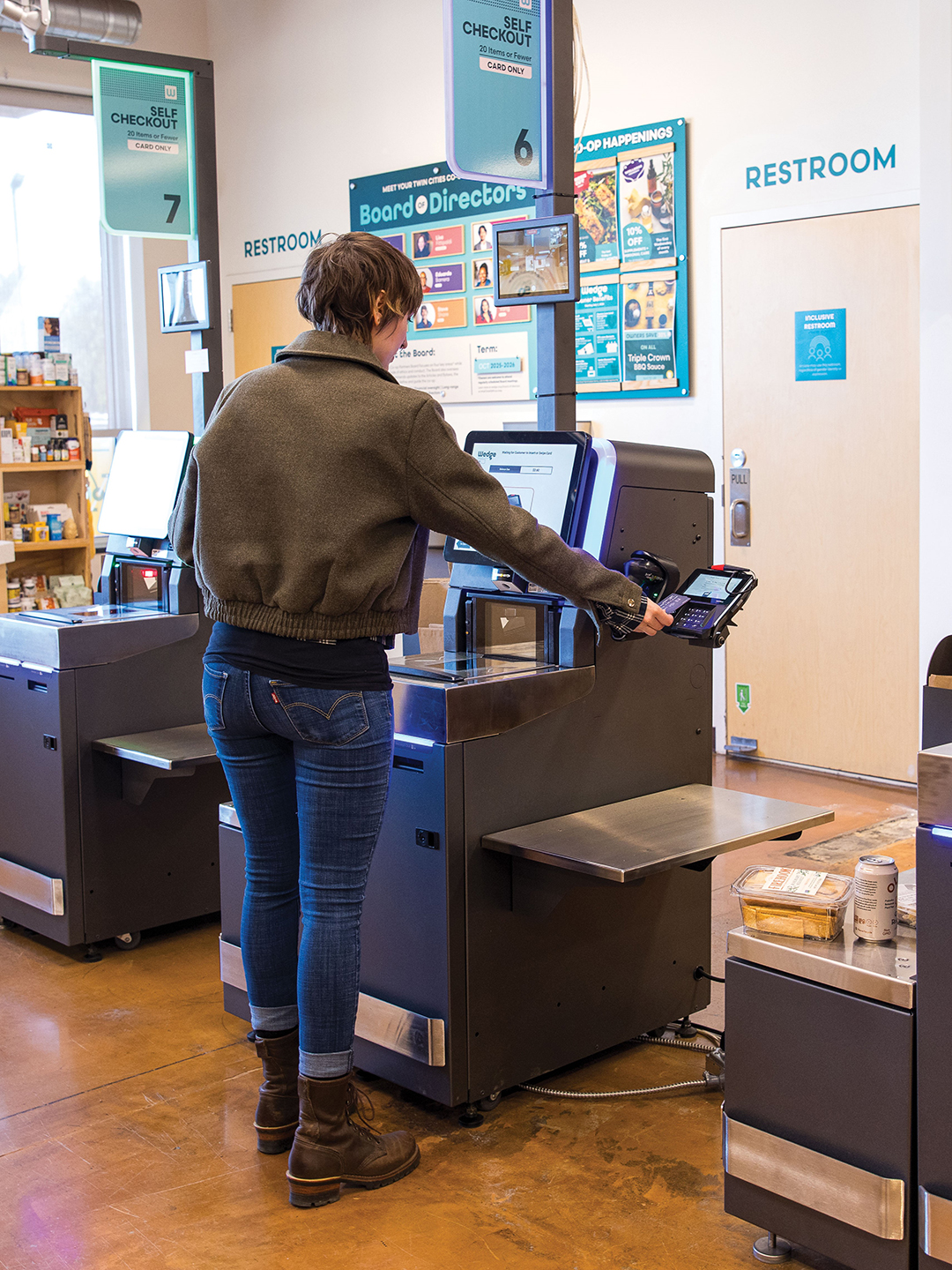 The Wedge added self-checkout kiosks to reduce wait times and ease congestion at traditional checkout lanes.
