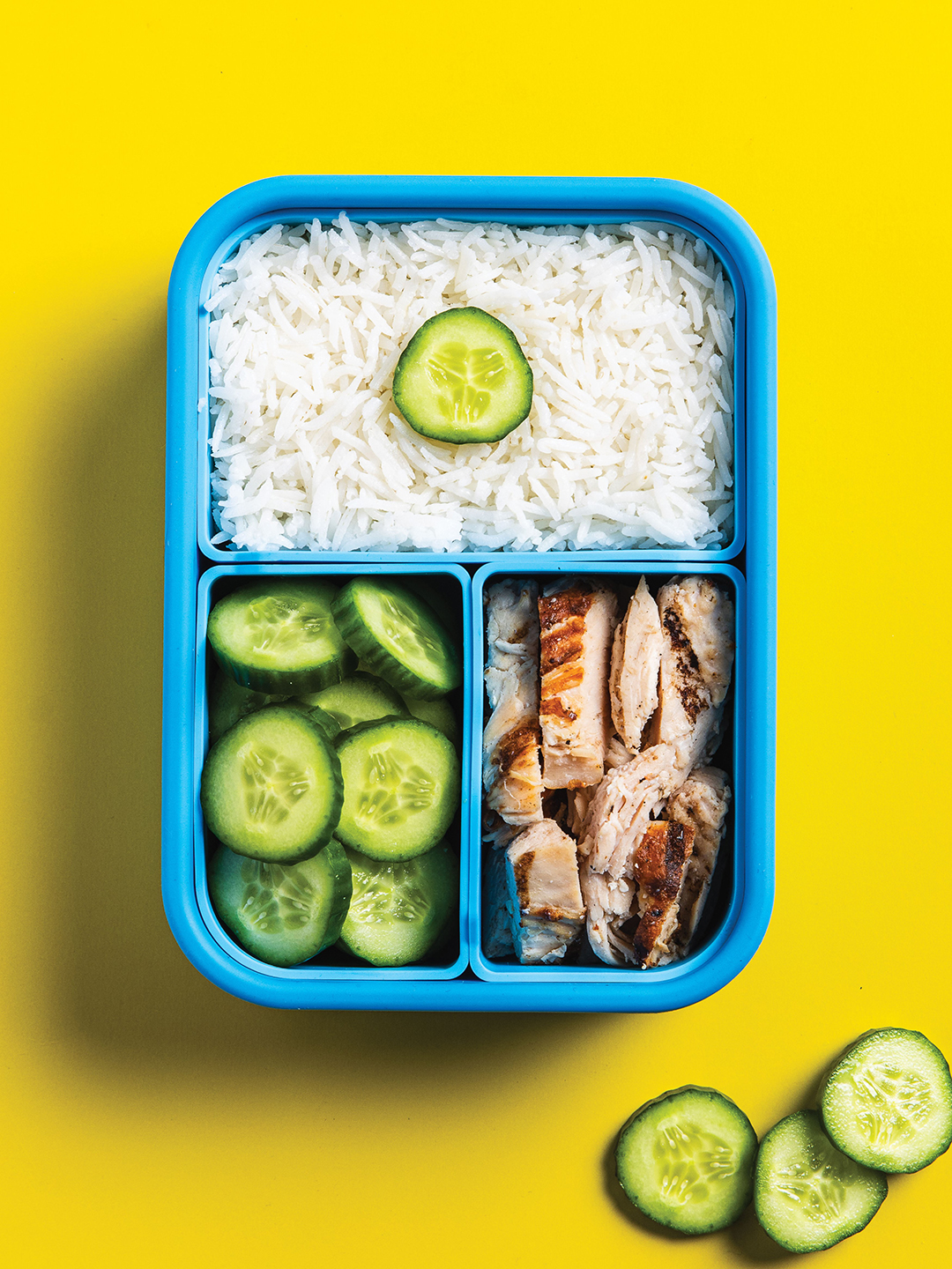 Lean protein, fluffy rice and crunchy cucumbers come together for a simple and balanced meal that will fuel a student for the rest of the school day.