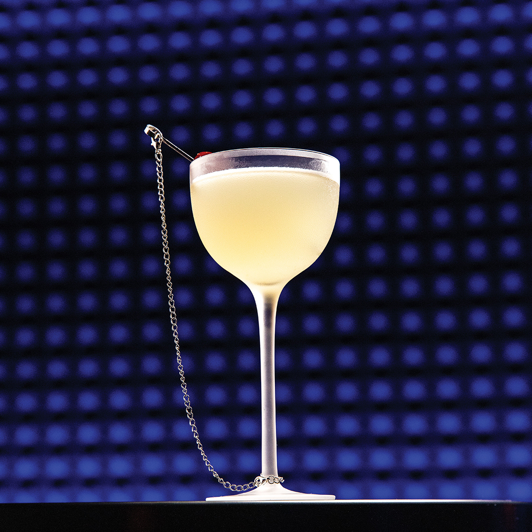 The Kissa Kissa is a refreshing blend of lime, lychee, umeshu (Japanese plum liqueur) and vodka. Its signature garnish is definitely a conversation starter: A chain connects the metal cocktail skewer to the stem of the glass.