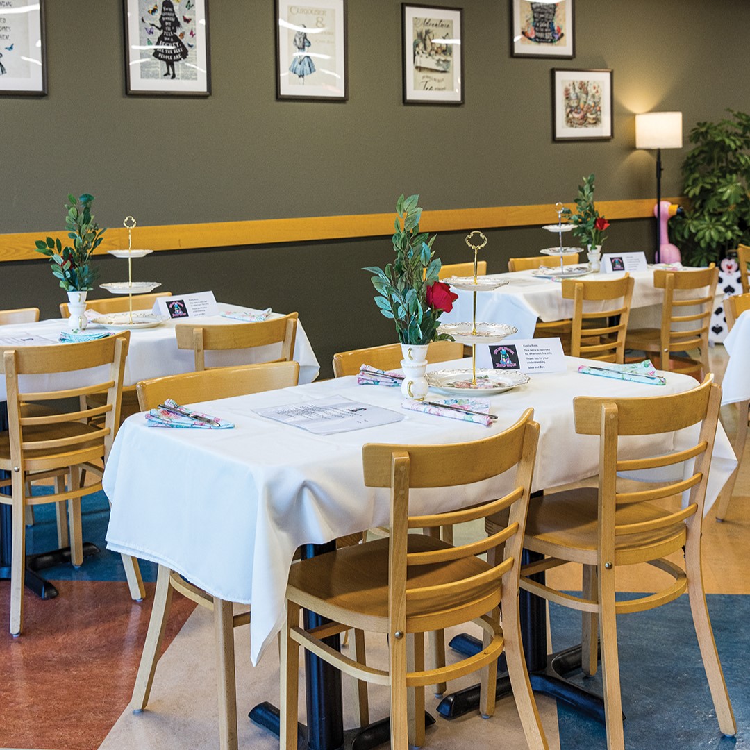 The dining area is spacious and is set up for tea in the afternoons.